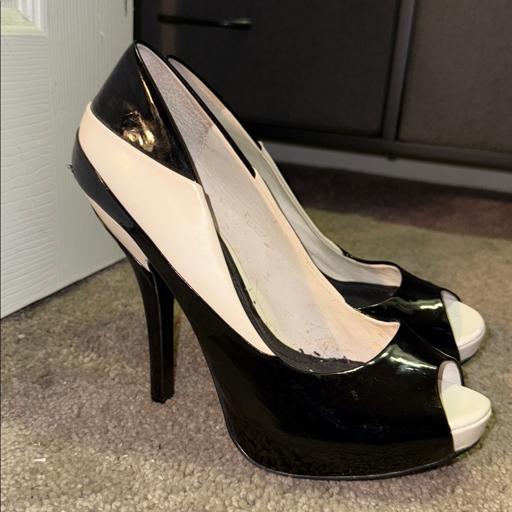 BCBGeneration Black and White Patent leather Peep Toe Heels